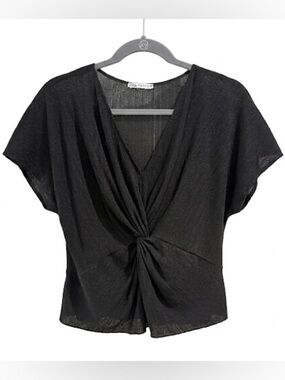 Zara Black Shimmer Twist Front Cropped Top S Elevated Basic